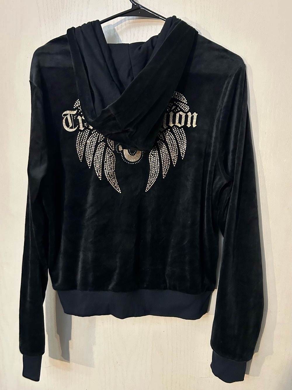True Religion Black Velour Rhinestone Zip Up Hoodie Women’s Large Y2K - Picture 5 of 5